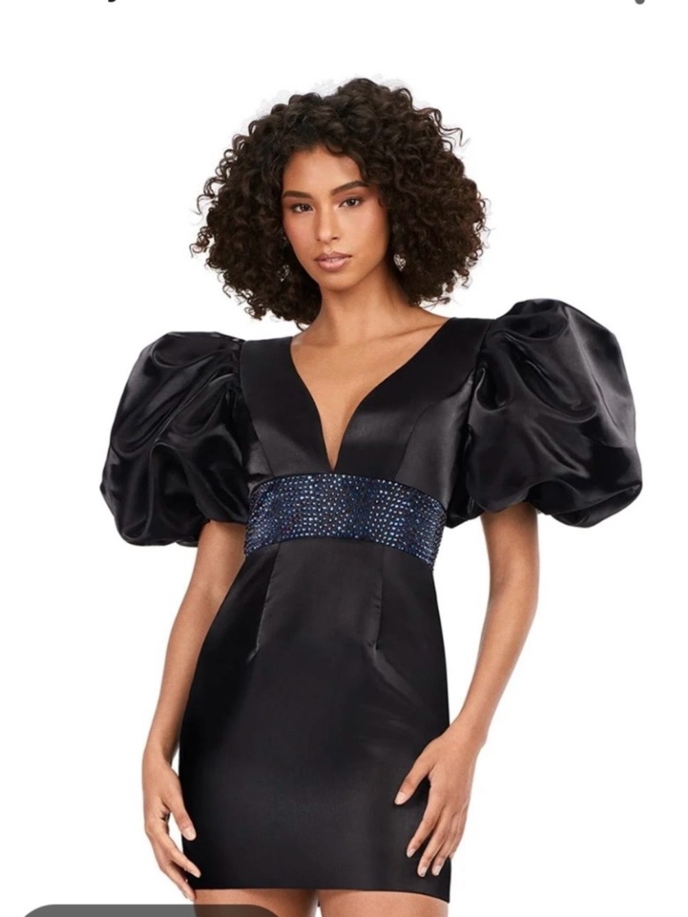 662. AshleyWomen's Black Satin Puff-Sleeve Cocktail Dress with Embellished Waist